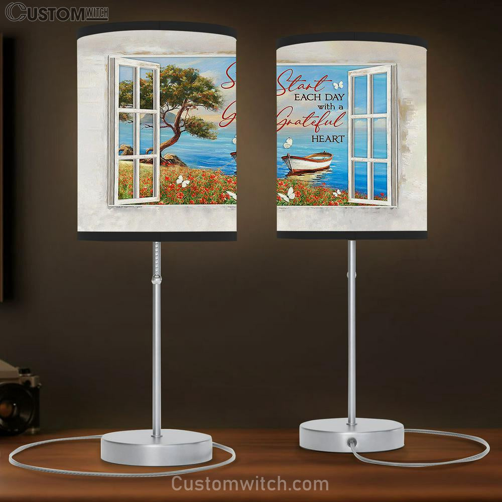 Wooden Boat Start Each Day With A Grateful Heart Table Lamp Art - Bible Verse Lamp Gift - Christian Bedroom Decor