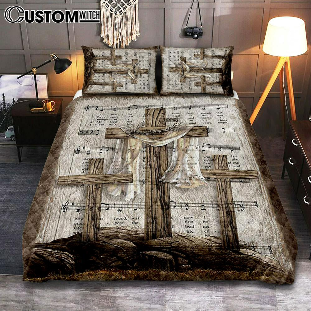 Wooden Cross Amazing Grace Lyrics Quilt Bedding Set Art - Christian Art - Bible Verse Bedroom - Religious Home Decor