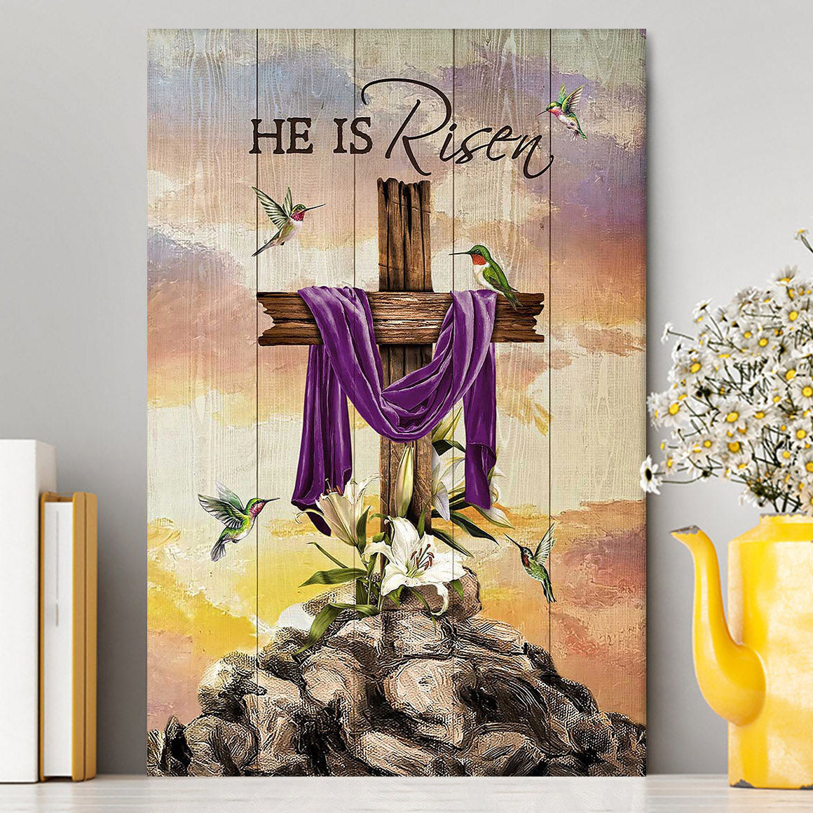 Wooden Cross Lily Flower Hummingbird He Is Risen Canvas Art - Christian Art - Bible Verse Wall Art - Religious Home Decor