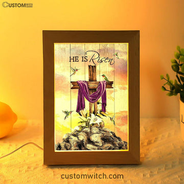 Wooden Cross Lily Flower Hummingbird He Is Risen Frame Lamp Art - Christian Art - Bible Verse Art - Religious Home Decor