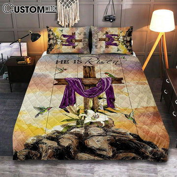 Wooden Cross Lily Flower Hummingbird He Is Risen Quilt Bedding Set Art - Christian Art - Bible Verse Bedroom - Religious Home Decor