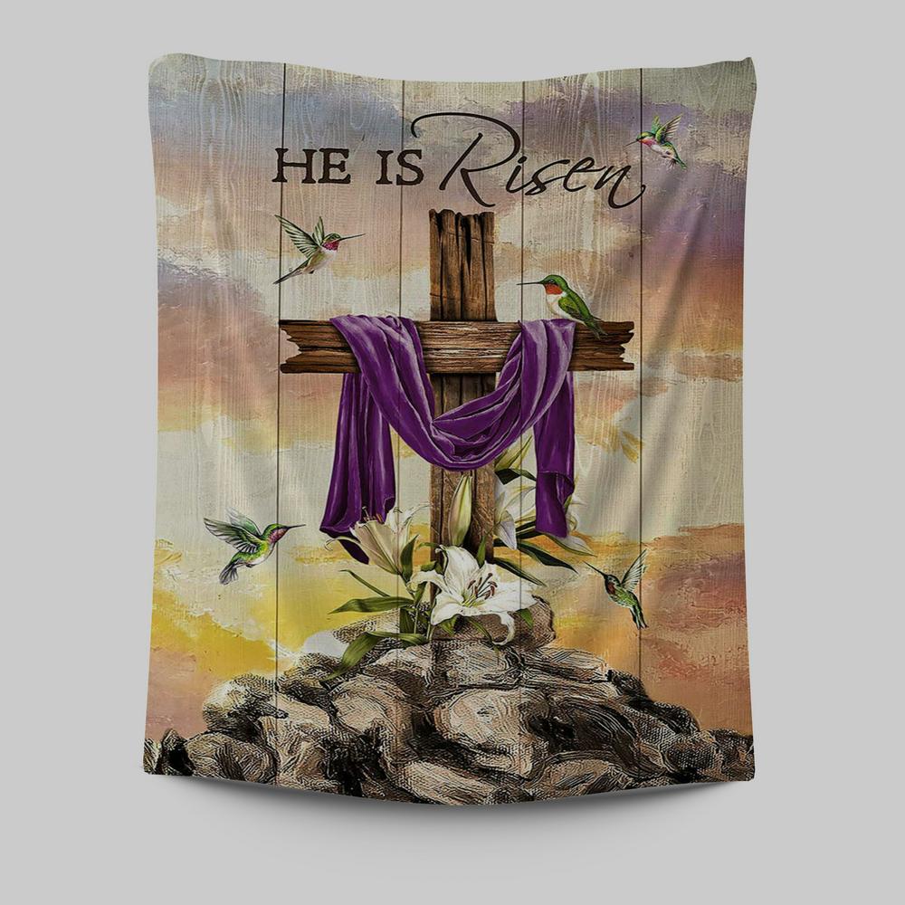 Wooden Cross Lily Flower Hummingbird He Is Risen Tapestry Art - Christian Art - Bible Verse Wall Art - Religious Home Decor