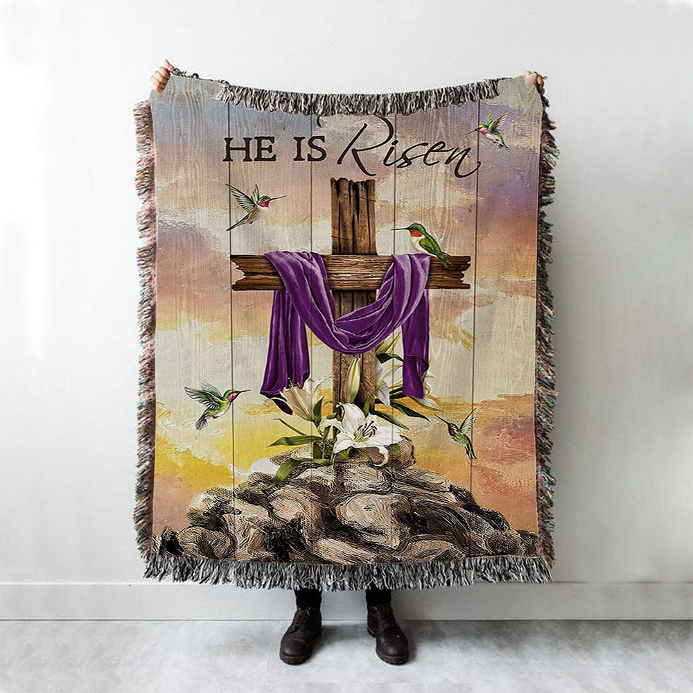 Wooden Cross Lily Flower Hummingbird He Is Risen Woven Blanket Art - Christian Art - Bible Verse Throw Blanket - Religious Home Decor