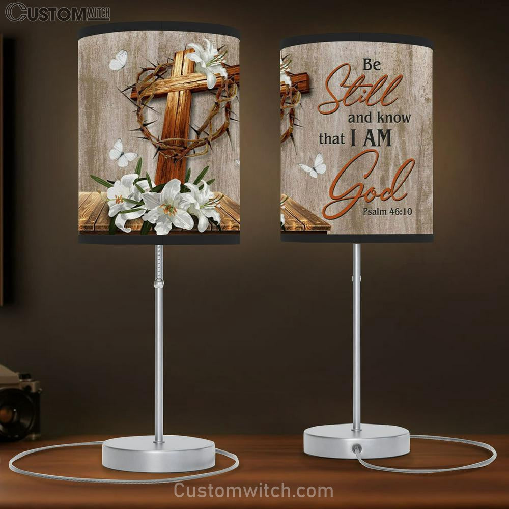 Wooden Cross White Lily - Be Still &amp; Know That I Am God Table Lamp Gift - Christian Lamp Gift - Christian Bedroom Decor