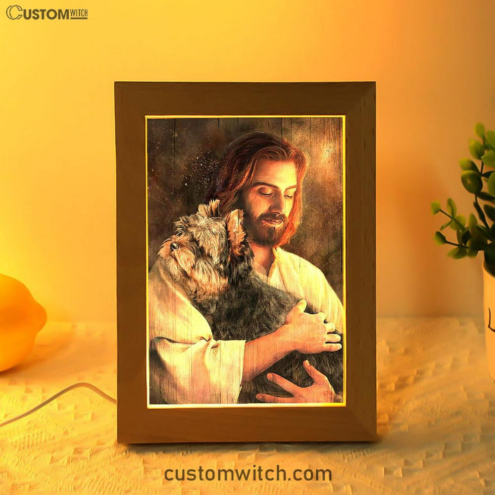 Yorkshire Terrier Dog In His Arms Jesus Frame Lamp Decor - Christian Art - Gift For Dog Lover