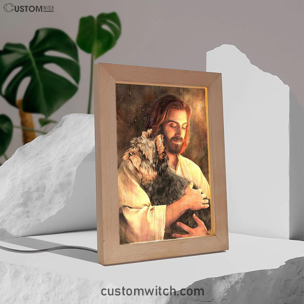 Yorkshire Terrier Dog In His Arms Jesus Frame Lamp Decor - Christian Art - Gift For Dog Lover