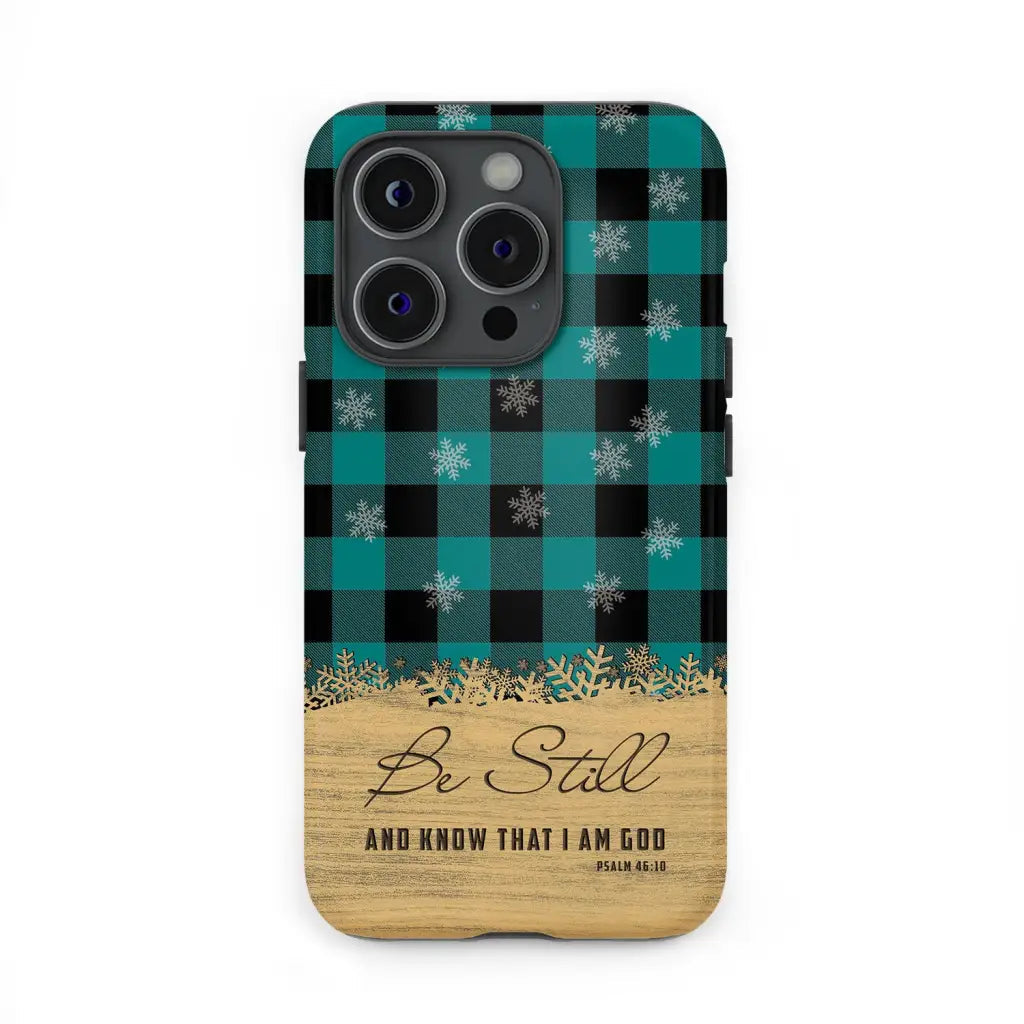 Be still and know that I am God, teal black buffalo plaid, Christmas phone case