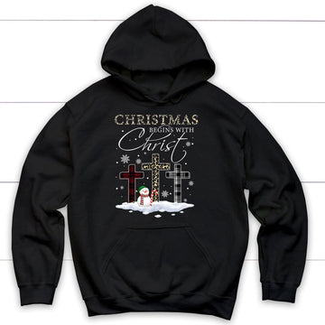 Christmas Begins With Christ, Crosses, Snowman, Christmas Hoodie