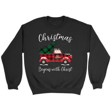 Christmas Begins With Christ, Plaid Truck, Christian Sweatshirt