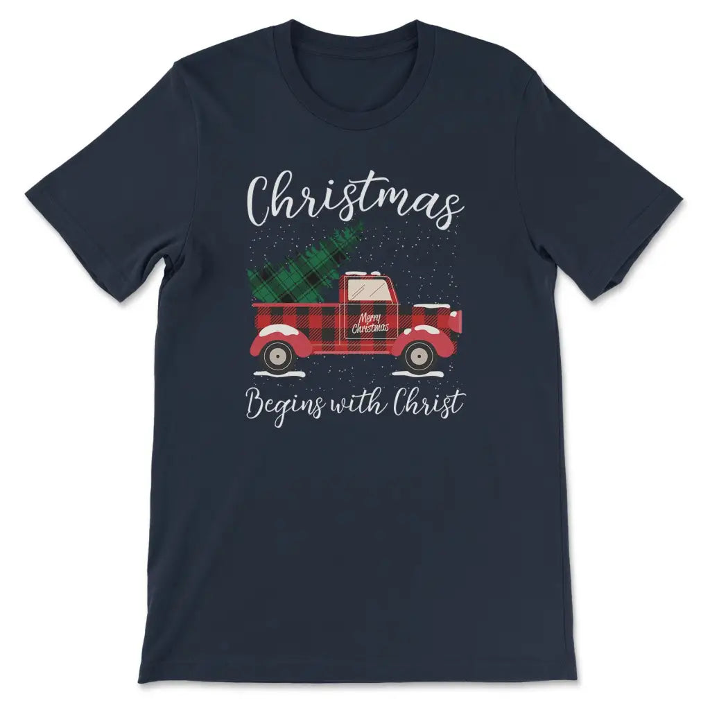 Christmas Begins With Christ, Plaid Truck, Christian T-shirt