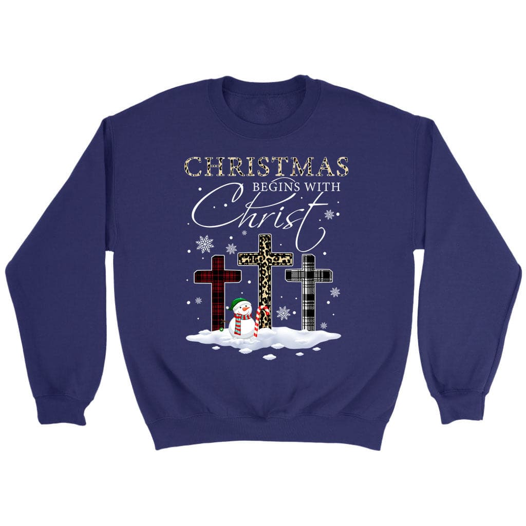 Christmas Begins With Christ, Crosses, Snowman, Christmas Sweatshirt