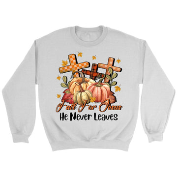 Fall for Jesus He Never Leaves Pumpkin Cross Sweatshirt