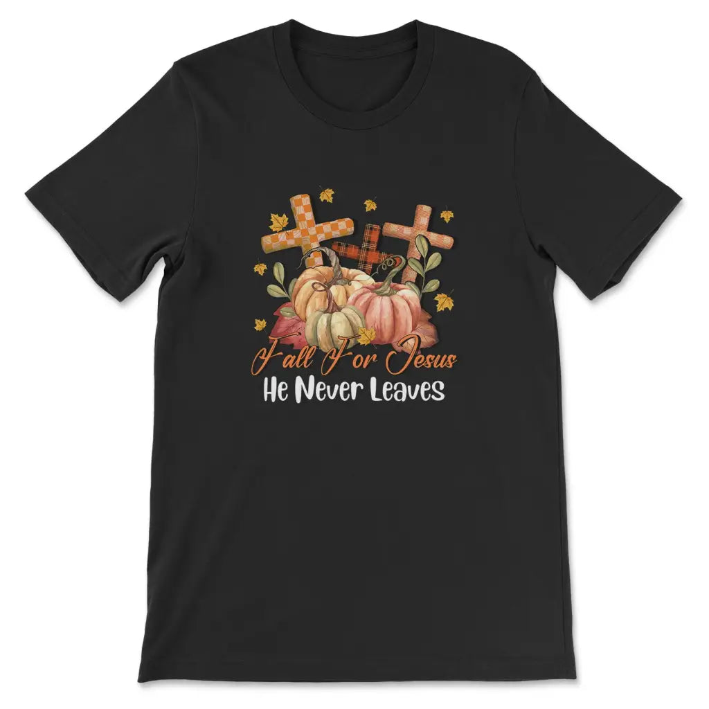 Fall for Jesus He Never Leaves Pumpkin Cross T-shirt