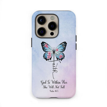 God is Within Her She Will Not Fall, Faith Cross Butterfly, Christian Phone Case