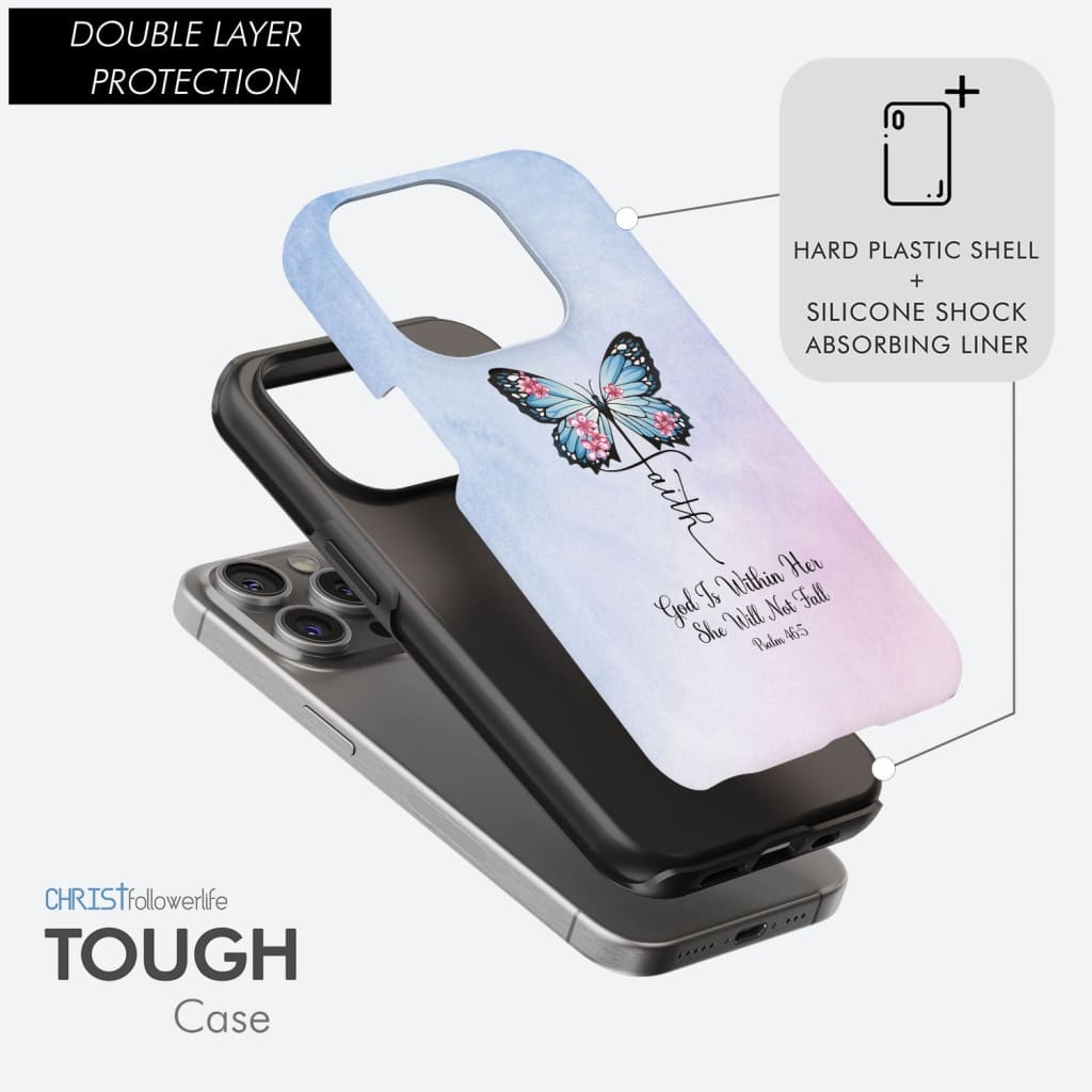 God is Within Her She Will Not Fall, Faith Cross Butterfly, Christian Phone Case