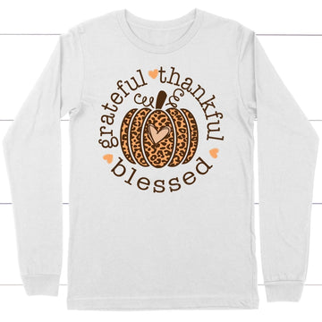 Grateful Thankful Blessed Leopard Pumpkin Long Sleeve Shirt