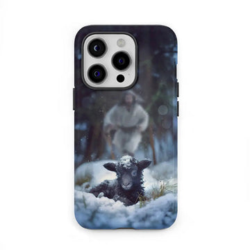Jesus Running to Rescue a Lost Sheep in a Snowy Forest Phone Case