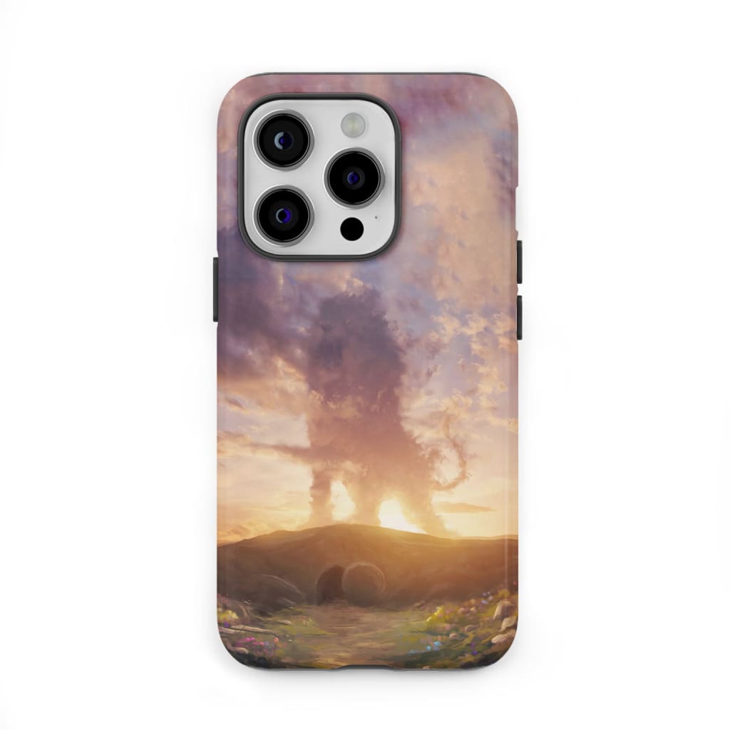 Lion of Judah above the empty tomb He is risen phone case, Christian Easter phone cases