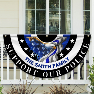 Custom Family Name American Flag Thin Blue Line Eagle Back Non-Pleated Fan Flag