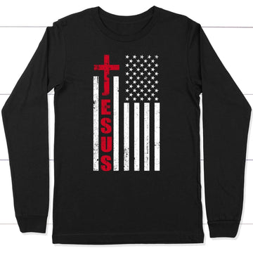 Jesus Word Cross, American Flag, Patriotic Christian Long Sleeve Shirt
