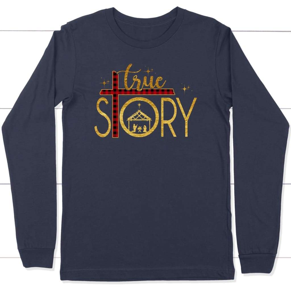 True Story Nativity, Cross Buffalo Plaid, Christmas Long Sleeve Shirt