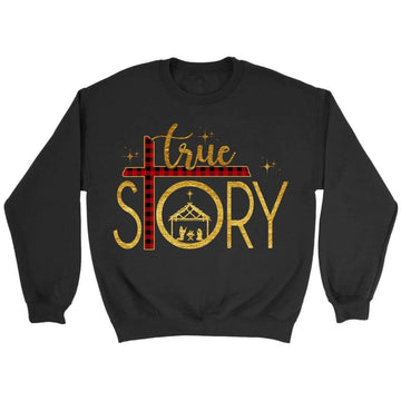 True Story Nativity, Cross Buffalo Plaid, Christmas Sweatshirt